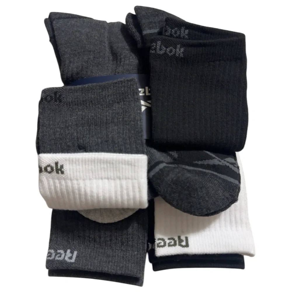 Reebok High Crew Socks - 5Pk Blk, Gray, White Performance Training Size 6-12